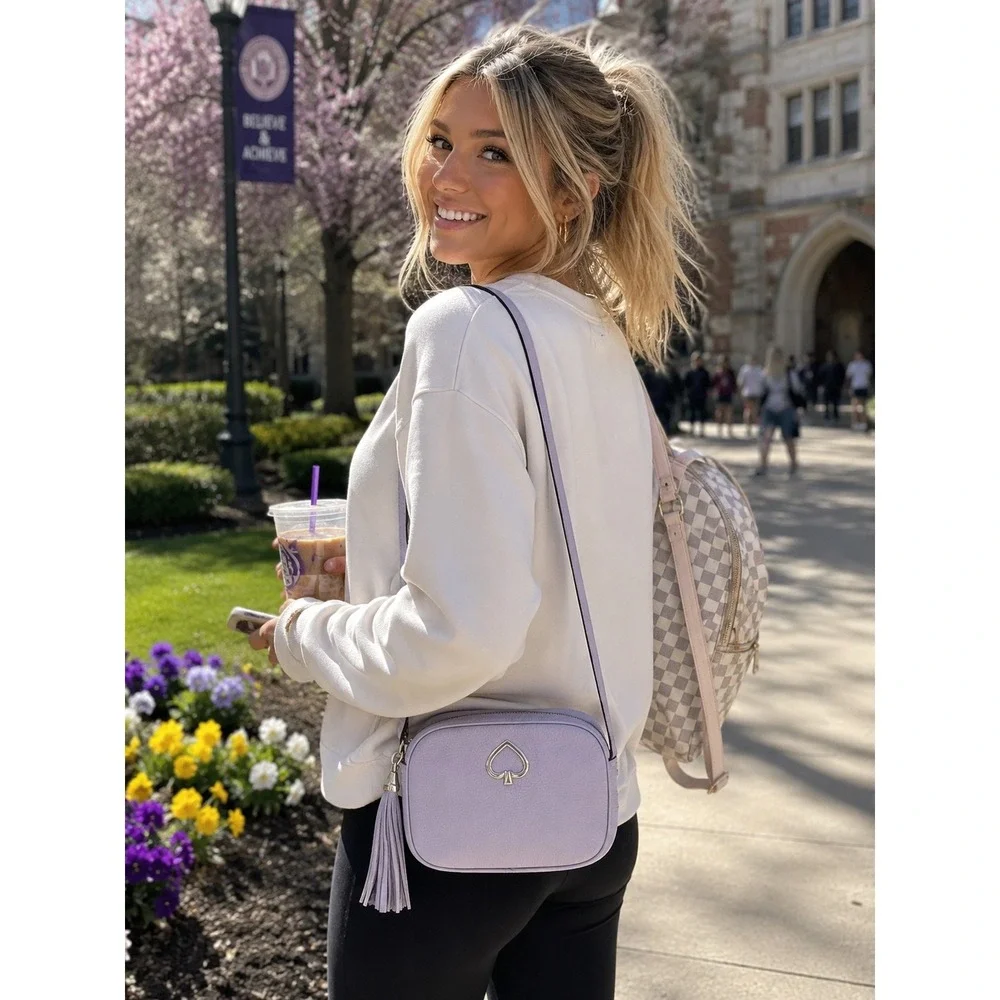 Kate Spade NY Kourtney Camera Crossbody Frozen Lilac Pebbled Leather Tassel Bag